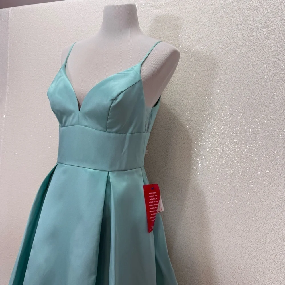 B. Darlin Aqua Teal Satin Maxi Gown Dress Size 11/12 Formal Prom